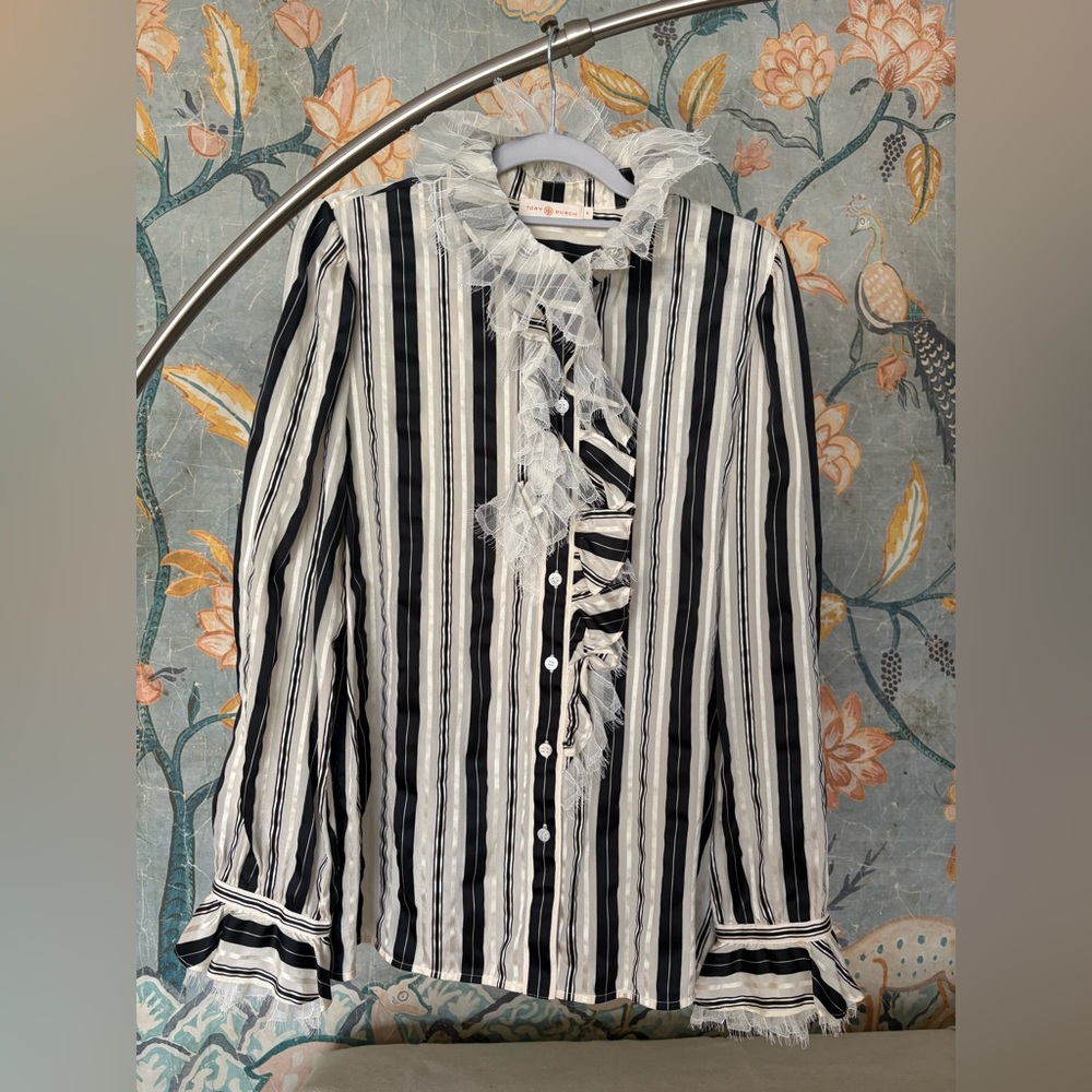 Tory Burch 2022 Black Ecru Silk Blouse Size 8